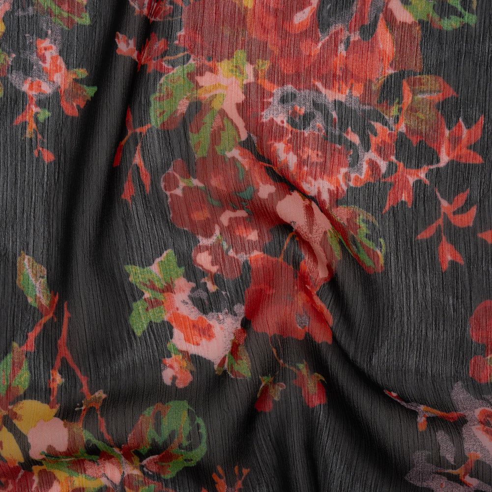 Crinkled Polyester Chiffon Print - Red, Green and Black Floral - Designer Deadstock Crinkled Polyester Chiffon Print - Red, Green and Black Floral - Designer Deadstock