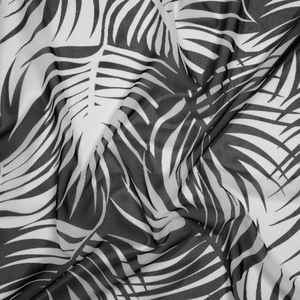 Stretch Nylon Mesh - Black and White Palm Leaves - Designer Deadstock Drape Stretch Nylon Mesh - Black and White Palm Leaves - Designer Deadstock Drape