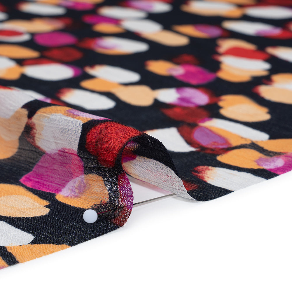 Crinkled Polyester Chiffon Print - Navy, Magenta and Peach Abstract Spots - Designer Deadstock - Detail Crinkled Polyester Chiffon Print - Navy, Magenta and Peach Abstract Spots - Designer Deadstock - Detail