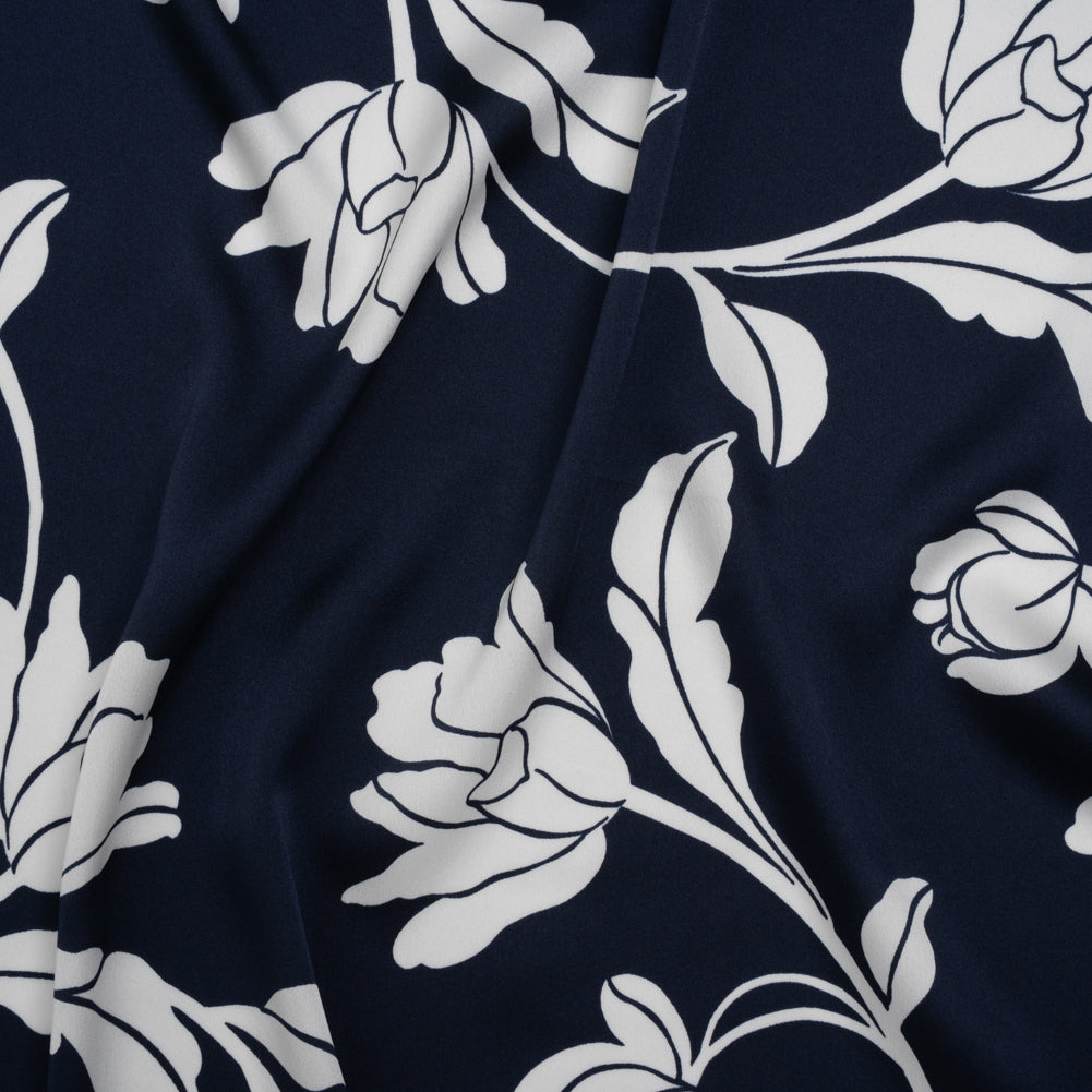 Polyester Charmeuse Print - Navy and White Roses - Designer Deadstock Polyester Charmeuse Print - Navy and White Roses - Designer Deadstock