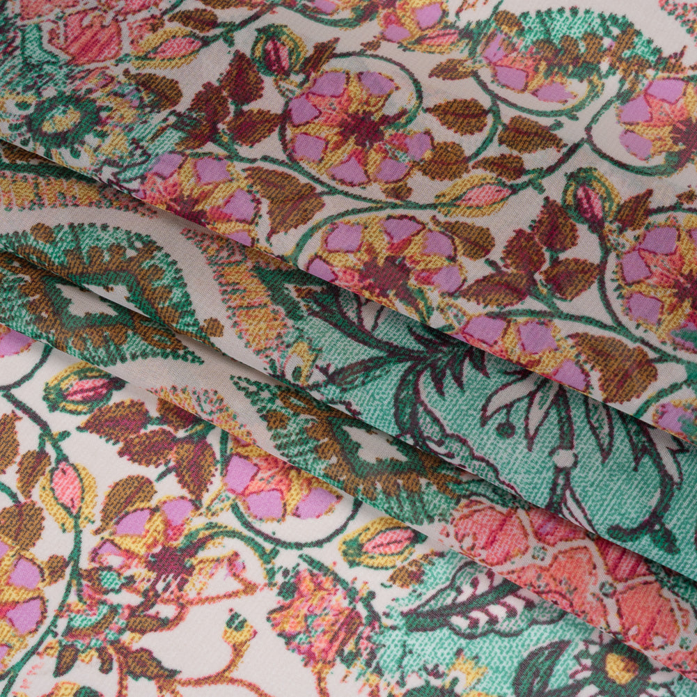 Polyester Chiffon Print - Pink, Mint Green and Yellow Flowers and Tiles Patchwork - Designer Deadstock Detail Polyester Chiffon Print - Pink, Mint Green and Yellow Flowers and Tiles Patchwork - Designer Deadstock Detail