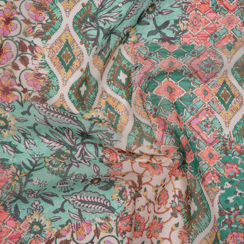 Polyester Chiffon Print - Pink, Mint Green and Yellow Flowers and Tiles Patchwork - Designer Deadstock Drape Polyester Chiffon Print - Pink, Mint Green and Yellow Flowers and Tiles Patchwork - Designer Deadstock Drape