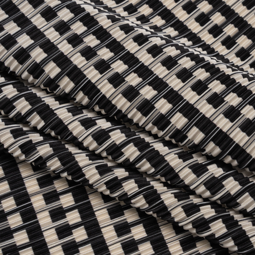 Fine Pleated Polyester Satin - Black and Cream Geometric Stripes - Designer Deadstock - Folded Fine Pleated Polyester Satin - Black and Cream Geometric Stripes - Designer Deadstock - Folded