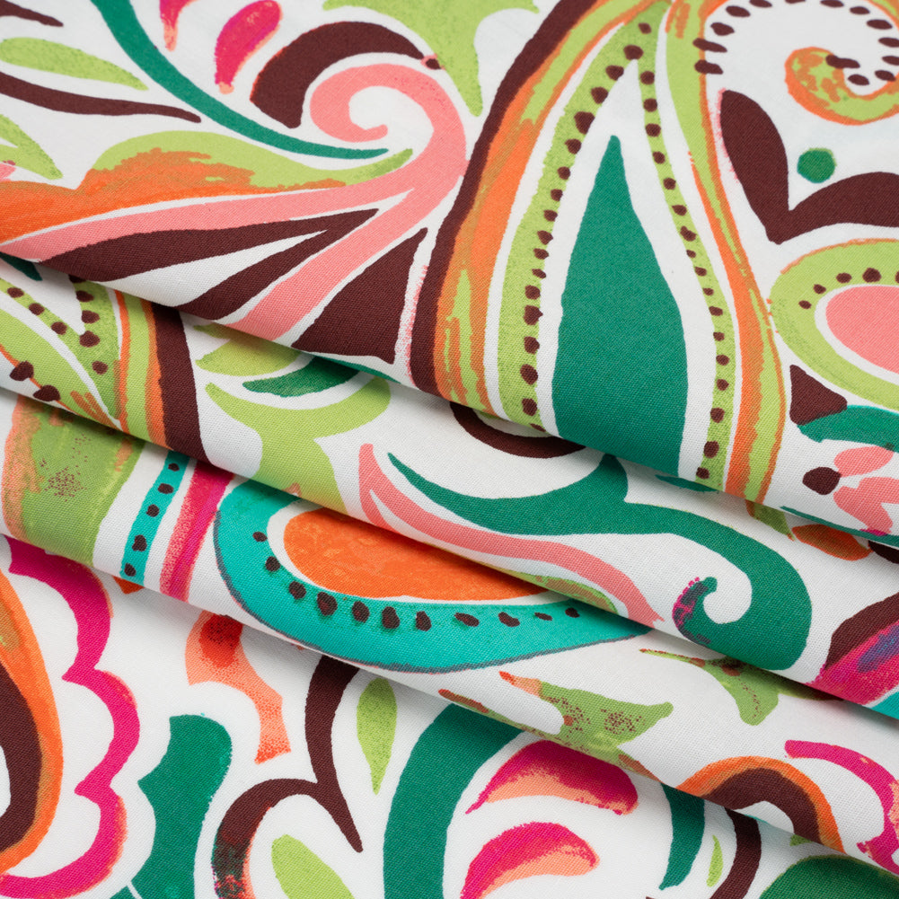 Stretch Cotton Poplin - Lime Green, Pink and Brown Painterly Paisley - Designer Deadstock Stretch Cotton Poplin - Lime Green, Pink and Brown Painterly Paisley - Designer Deadstock