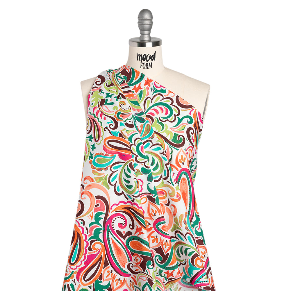 Stretch Cotton Poplin - Lime Green, Pink and Brown Painterly Paisley - Designer Deadstock Stretch Cotton Poplin - Lime Green, Pink and Brown Painterly Paisley - Designer Deadstock