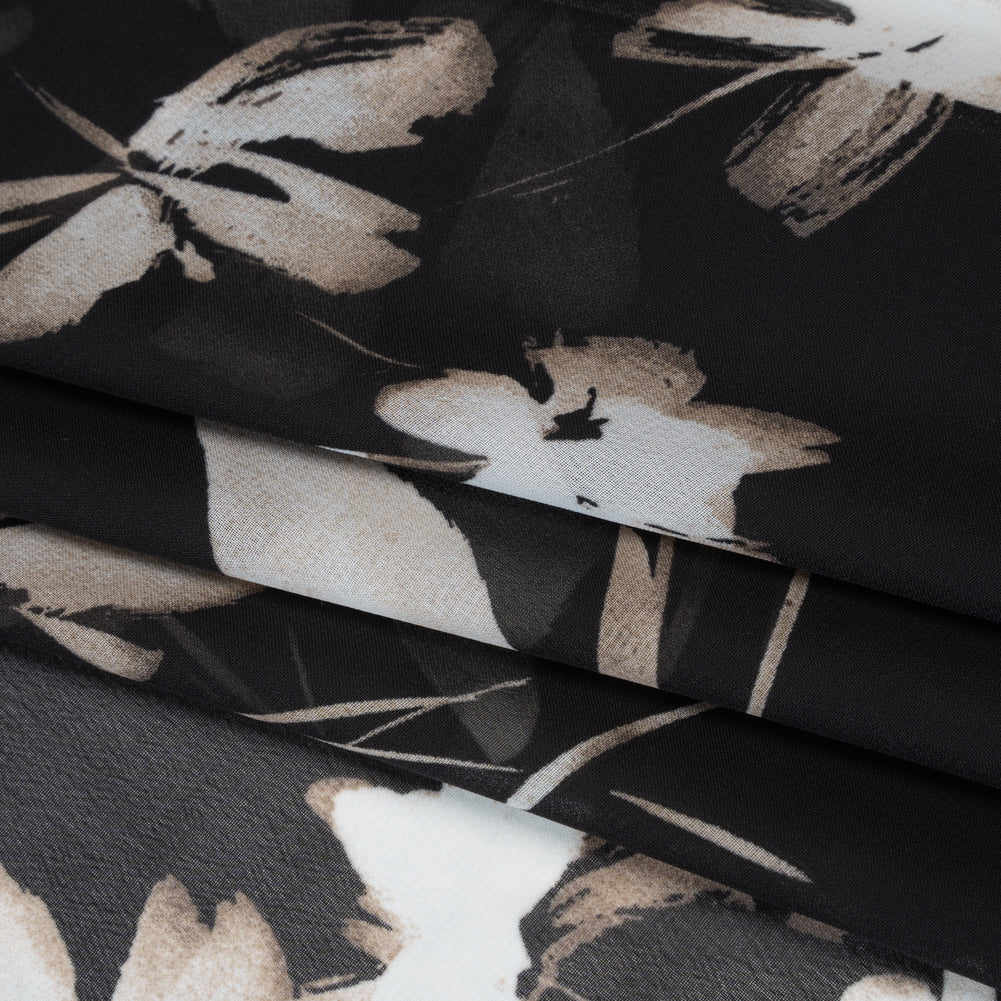 Polyester Chiffon Print - Black, Taupe and White Floral - Designer Deadstock Polyester Chiffon Print - Black, Taupe and White Floral - Designer Deadstock