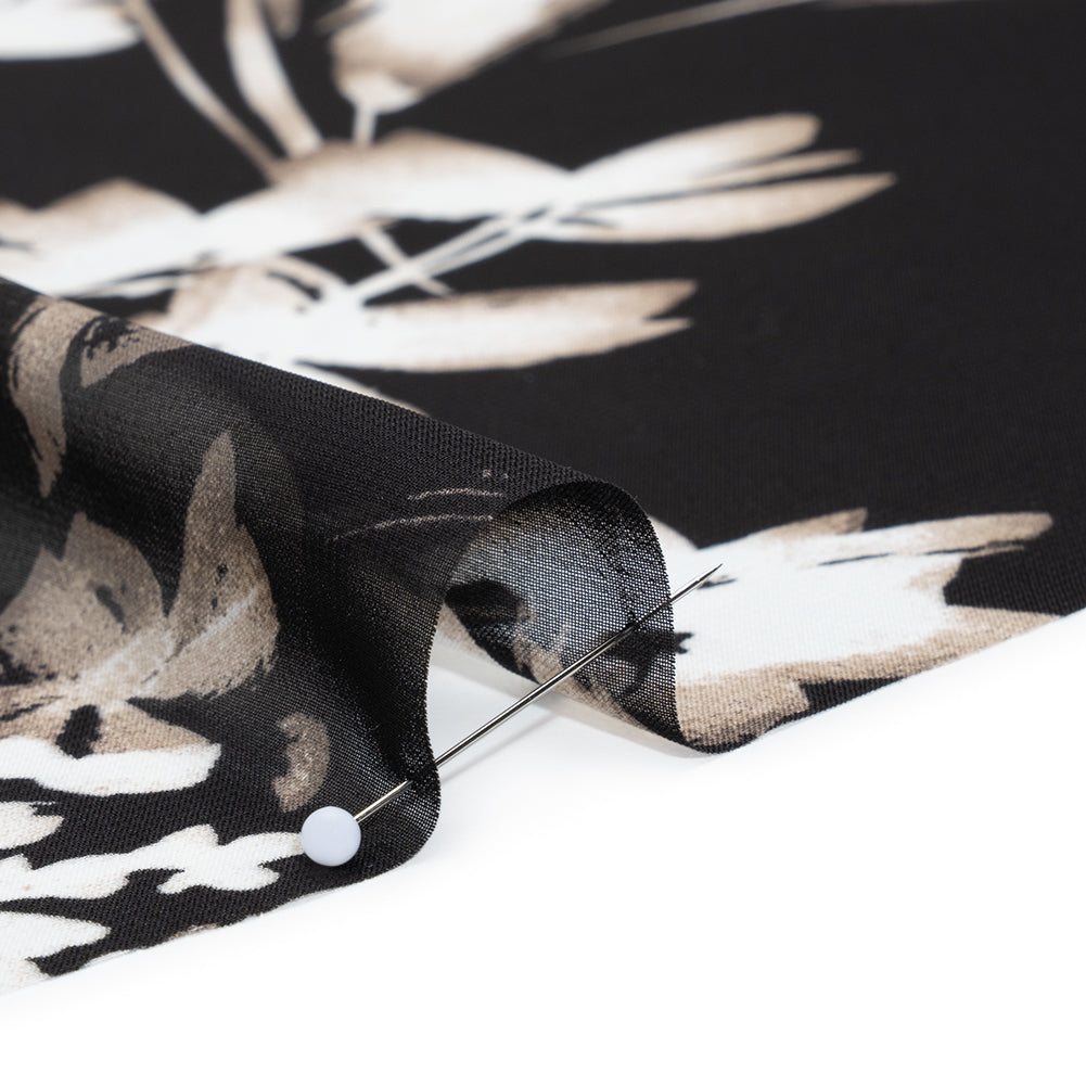 Polyester Chiffon Print - Black, Taupe and White Floral - Designer Deadstock Polyester Chiffon Print - Black, Taupe and White Floral - Designer Deadstock