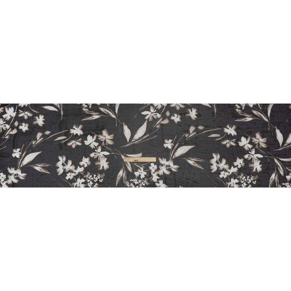 Polyester Chiffon Print - Black, Taupe and White Floral - Designer Deadstock Polyester Chiffon Print - Black, Taupe and White Floral - Designer Deadstock