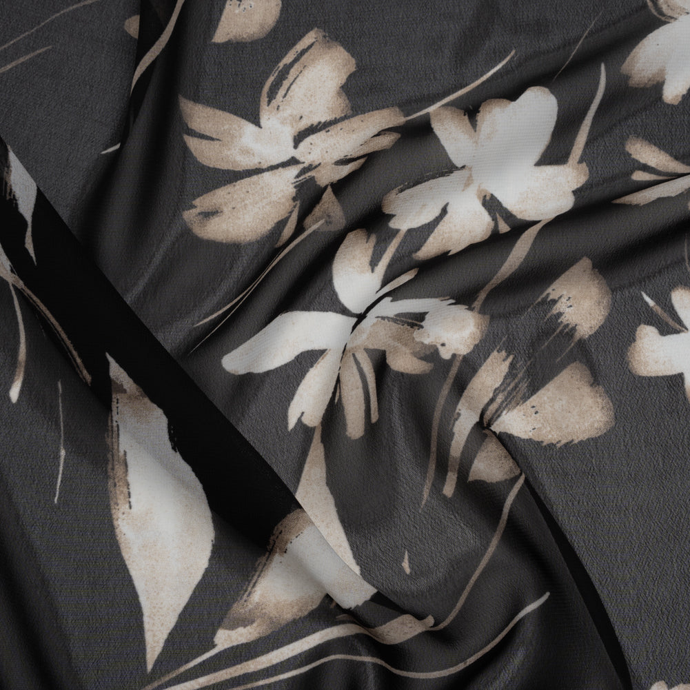 Polyester Chiffon Print - Black, Taupe and White Floral - Designer Deadstock Polyester Chiffon Print - Black, Taupe and White Floral - Designer Deadstock