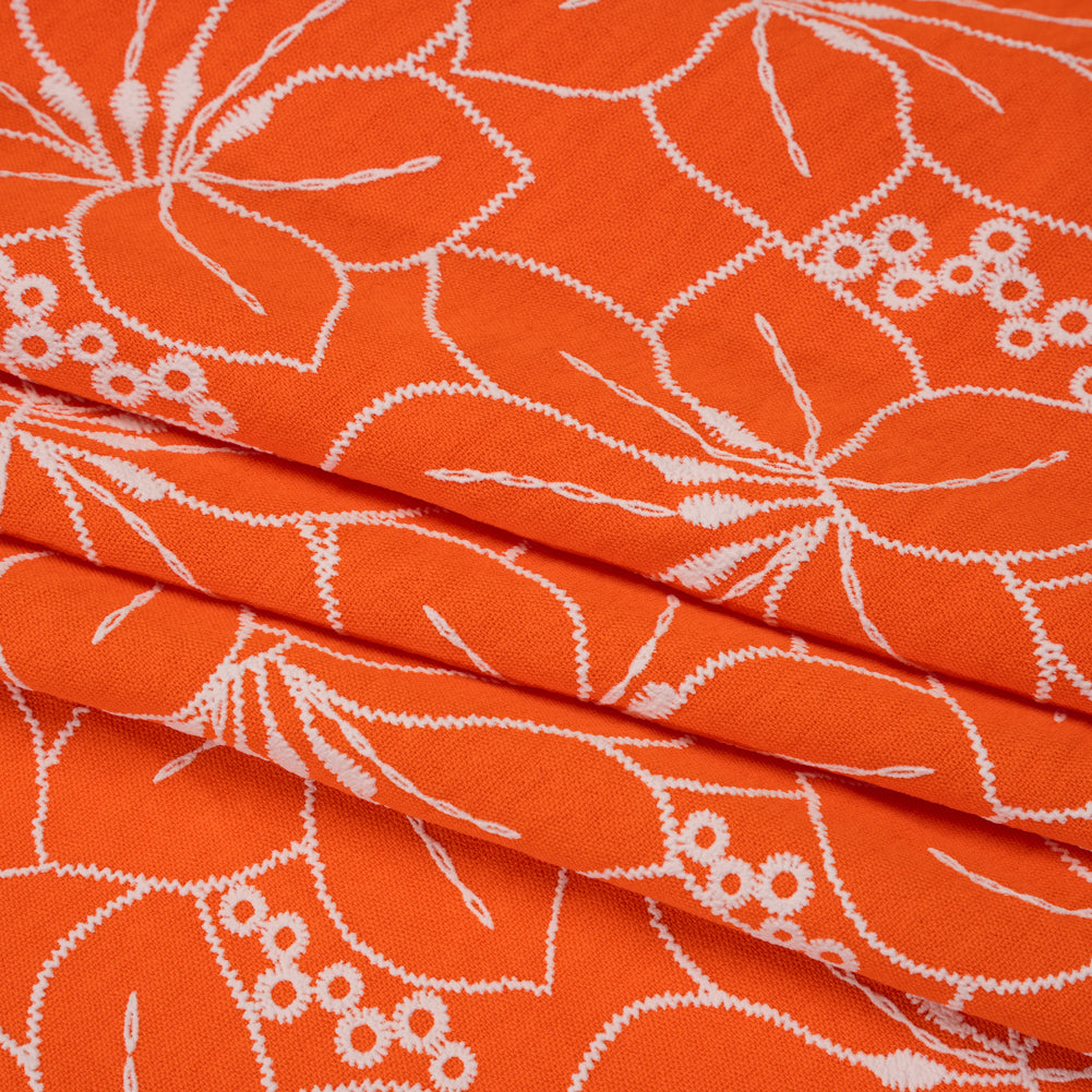 Polyester Crepe with 3D Puffy Print - Orange and White Embroidery Style Hibiscus Floral - Designer Deadstock Folded Polyester Crepe with 3D Puffy Print - Orange and White Embroidery Style Hibiscus Floral - Designer Deadstock Folded