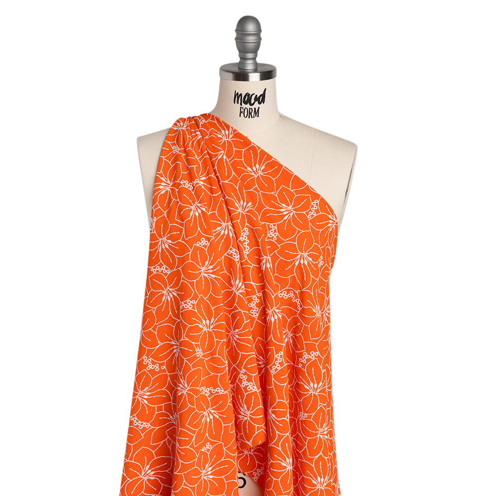Polyester Crepe with 3D Puffy Print - Orange and White Embroidery Style Hibiscus Floral - Designer Deadstock Drape Polyester Crepe with 3D Puffy Print - Orange and White Embroidery Style Hibiscus Floral - Designer Deadstock Drape