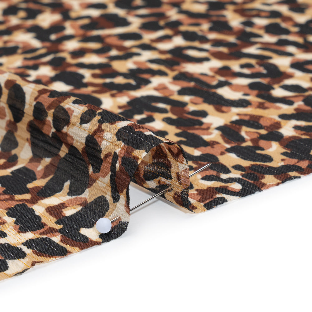 Crinkled Polyester Chiffon Print with Metallic Gold Pinstripes - Black, Brown and Beige Abstract Animal Spots - Designer Deadstock Detail Crinkled Polyester Chiffon Print with Metallic Gold Pinstripes - Black, Brown and Beige Abstract Animal Spots - Designer Deadstock Detail