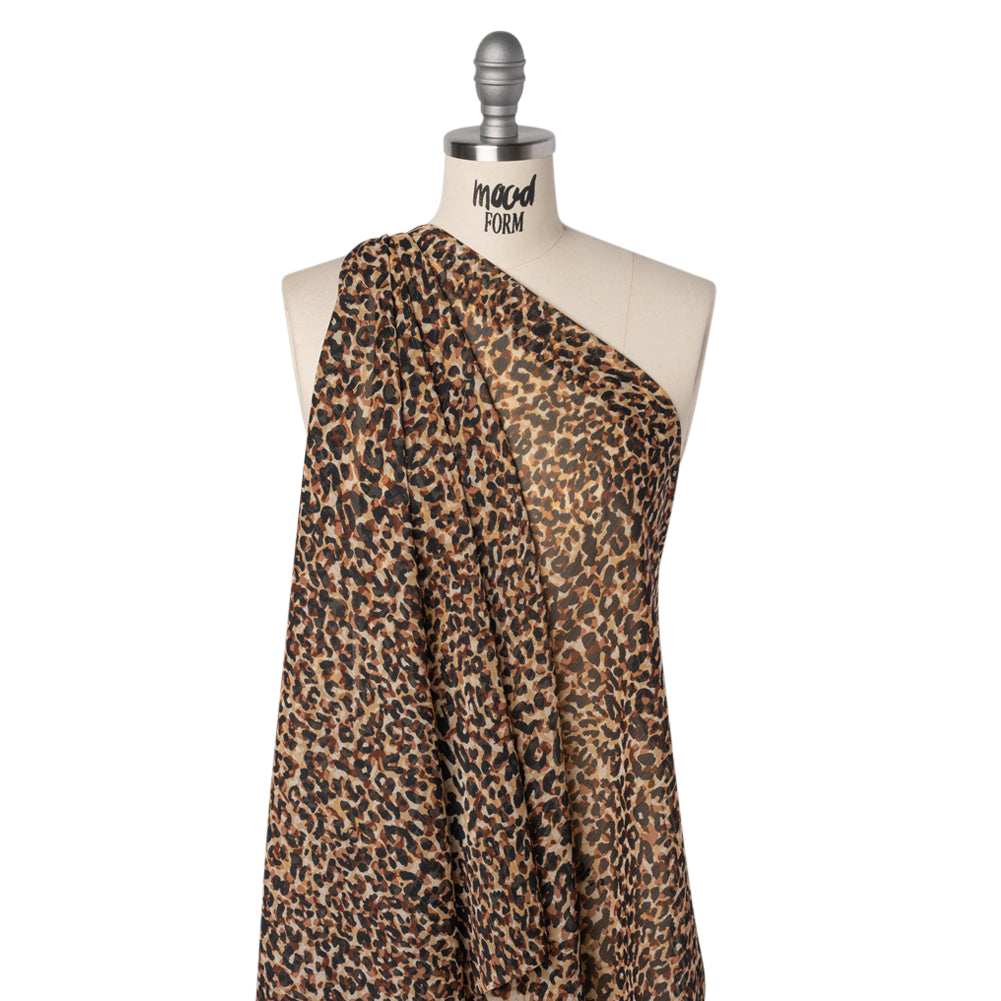 Crinkled Polyester Chiffon Print with Metallic Gold Pinstripes - Black, Brown and Beige Abstract Animal Spots - Designer Deadstock Drape Crinkled Polyester Chiffon Print with Metallic Gold Pinstripes - Black, Brown and Beige Abstract Animal Spots - Designer Deadstock Drape