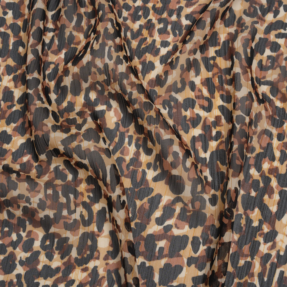 Crinkled Polyester Chiffon Print with Metallic Gold Pinstripes - Black, Brown and Beige Abstract Animal Spots - Designer Deadstock Crinkled Polyester Chiffon Print with Metallic Gold Pinstripes - Black, Brown and Beige Abstract Animal Spots - Designer Deadstock