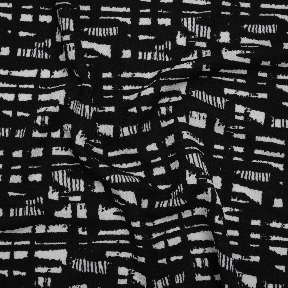 Crinkled Polyester Jacquard Knit - Black and White Abstract Grid - Designer Deadstock Crinkled Polyester Jacquard Knit - Black and White Abstract Grid - Designer Deadstock