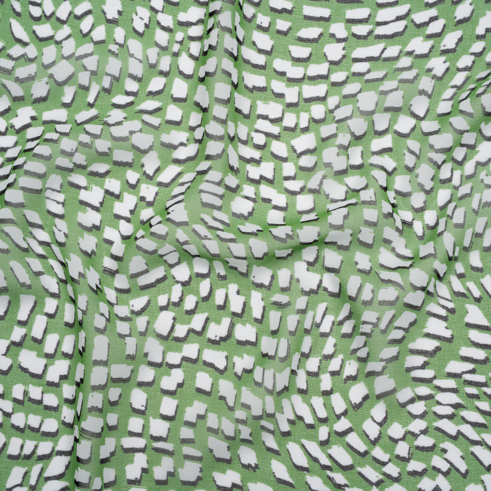 Polyester Chiffon - Grass Green, White and Black Abstract - Designer Deadstock Polyester Chiffon - Grass Green, White and Black Abstract - Designer Deadstock