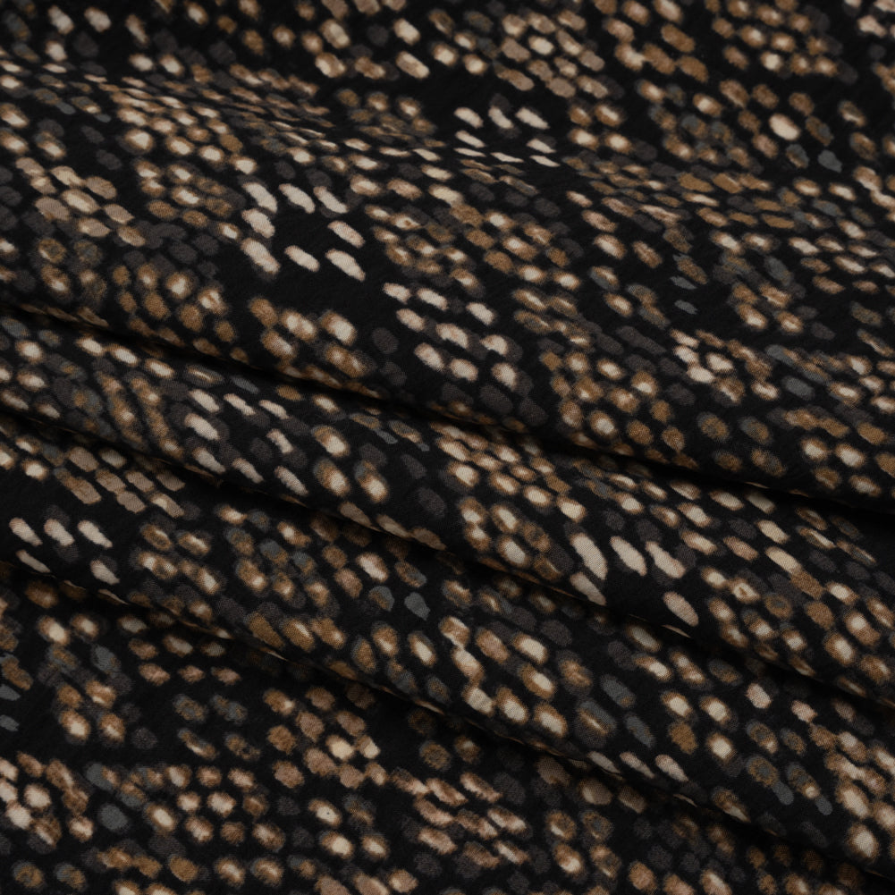 Crinkled Rayon and Nylon Woven - Black and Brown Snakeskin Spots - Designer Deadstock Folded Crinkled Rayon and Nylon Woven - Black and Brown Snakeskin Spots - Designer Deadstock Folded