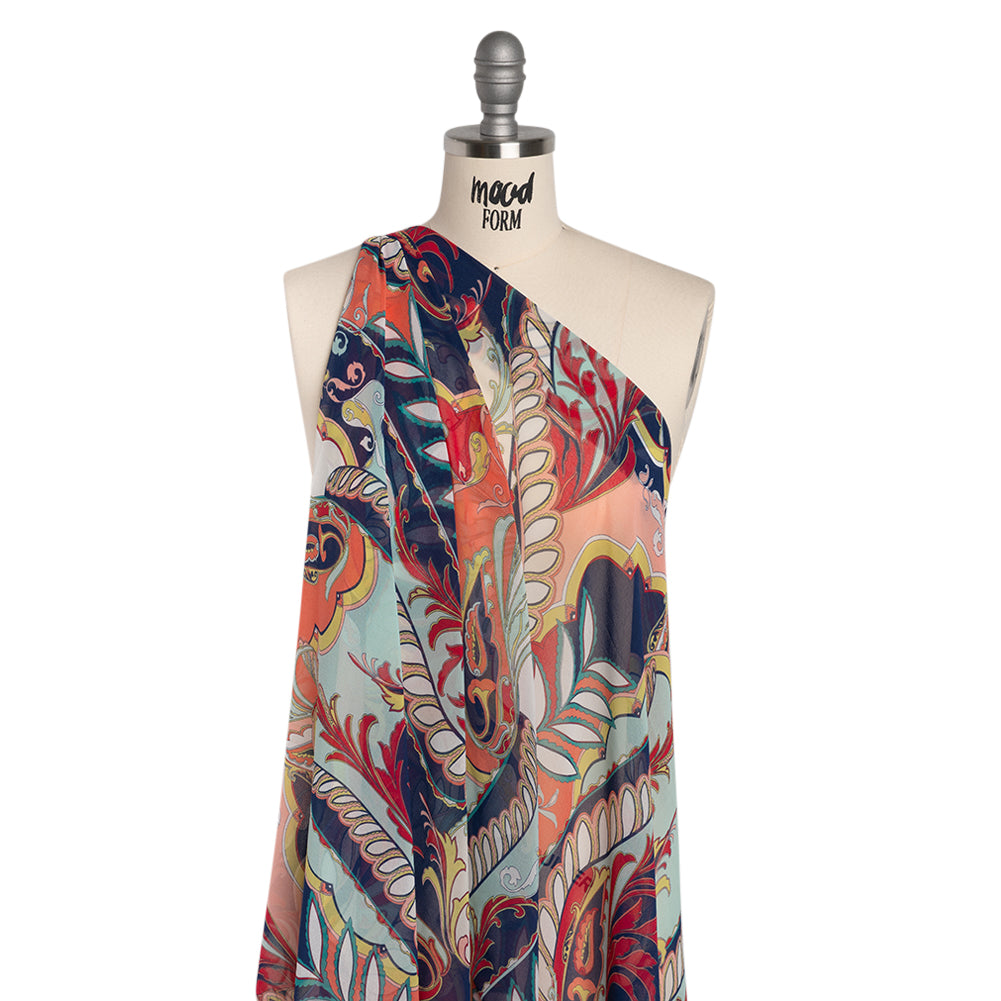 Polyester Chiffon Print - Navy, Red and Peach Paisley Leaves - Designer Deadstock Polyester Chiffon Print - Navy, Red and Peach Paisley Leaves - Designer Deadstock