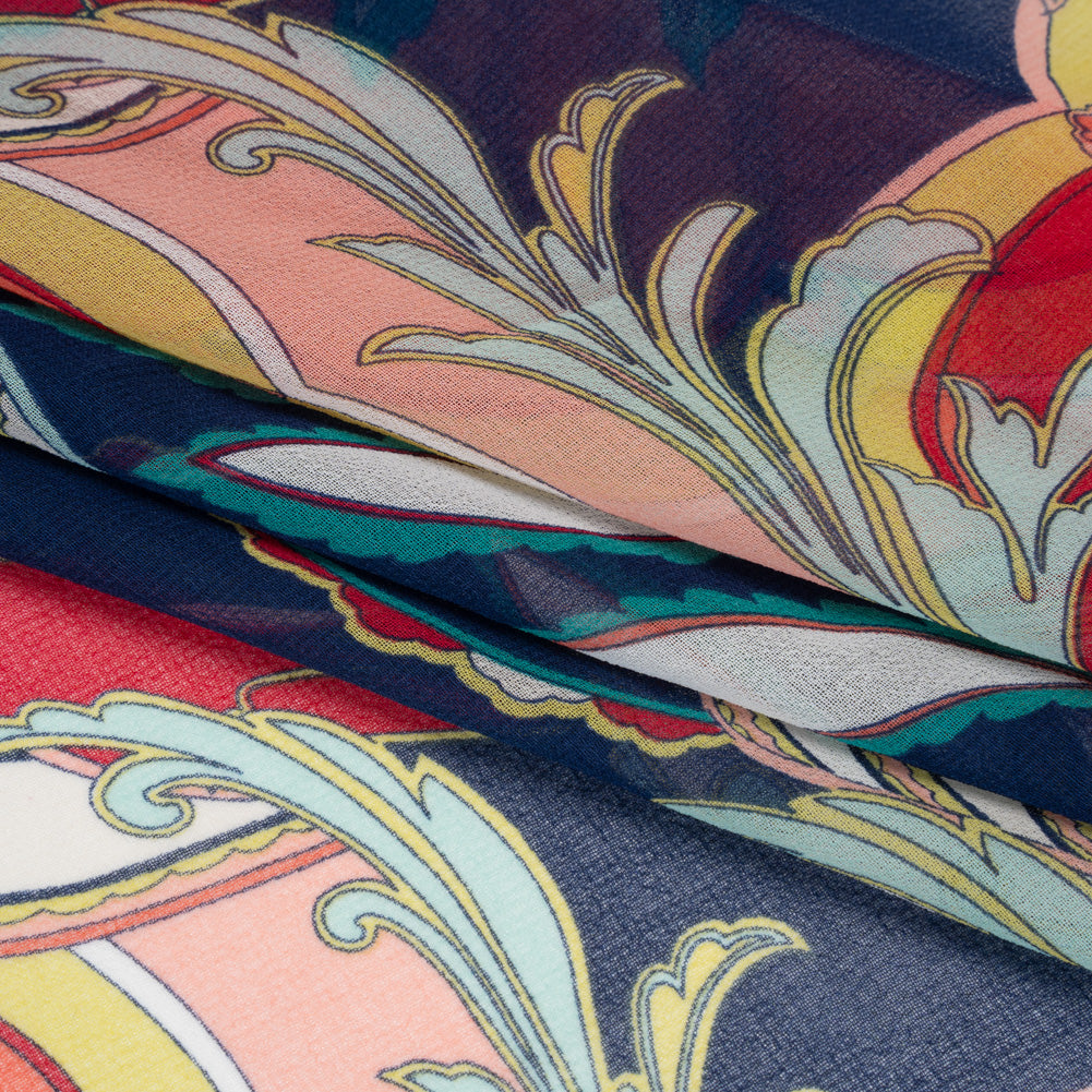 Polyester Chiffon Print - Navy, Red and Peach Paisley Leaves - Designer Deadstock Polyester Chiffon Print - Navy, Red and Peach Paisley Leaves - Designer Deadstock