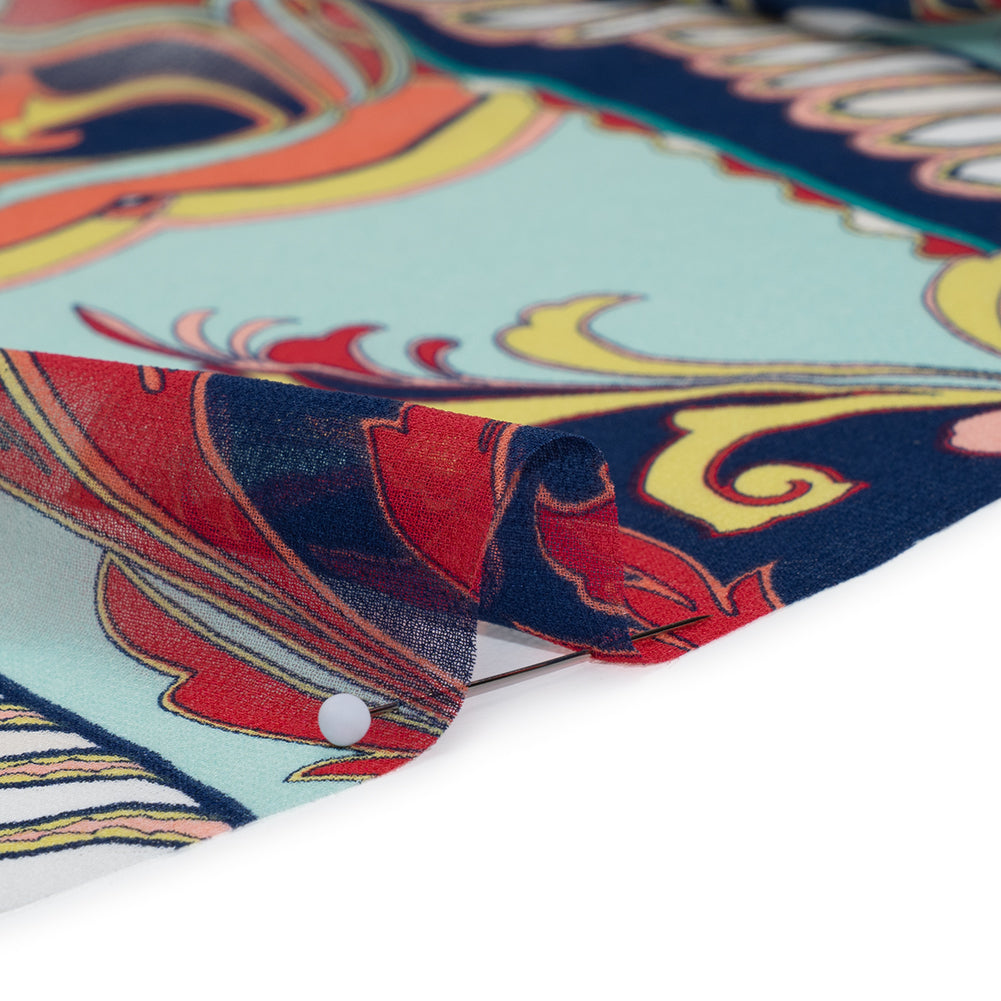 Polyester Chiffon Print - Navy, Red and Peach Paisley Leaves - Designer Deadstock Polyester Chiffon Print - Navy, Red and Peach Paisley Leaves - Designer Deadstock