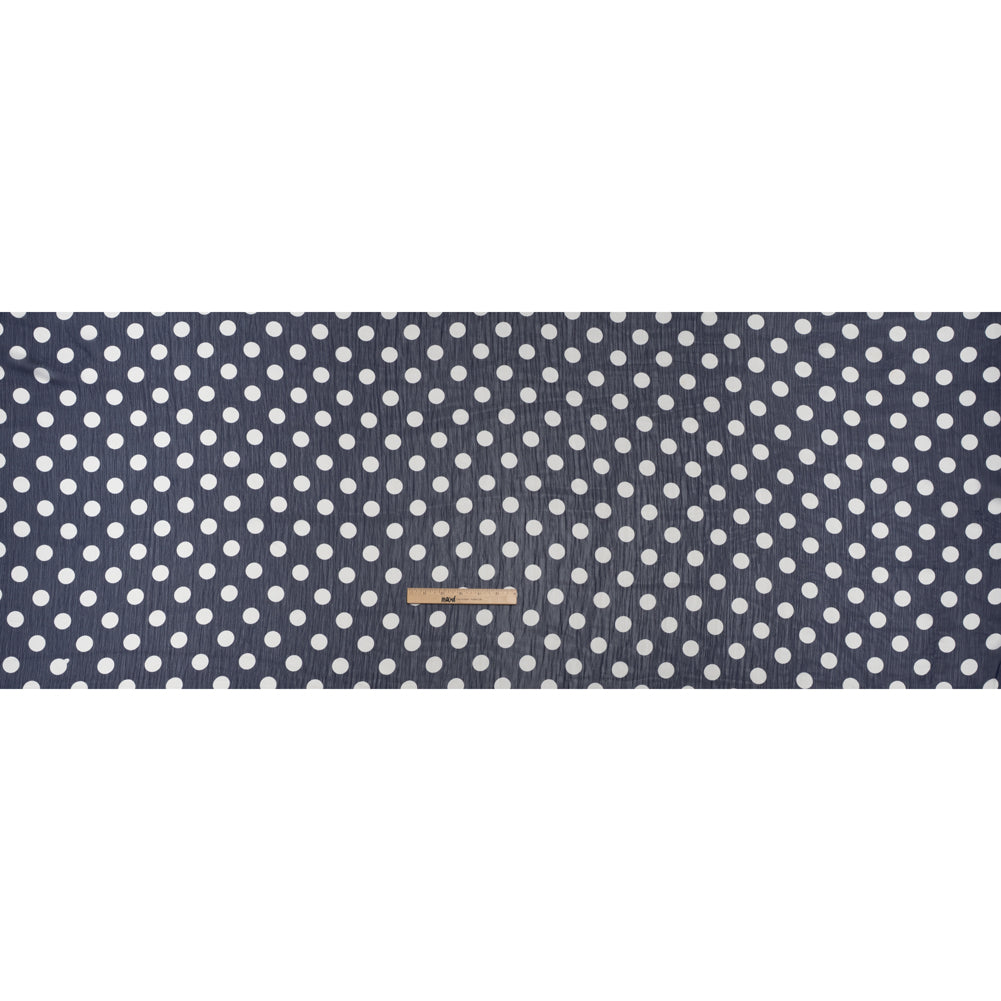 Crinkled Polyester Chiffon Print - Navy and White Polka Dots - Designer Deadstock - Full Crinkled Polyester Chiffon Print - Navy and White Polka Dots - Designer Deadstock - Full