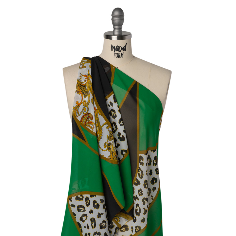Polyester Chiffon Print - Green, Black and Gold Classical Patchwork - Designer Deadstock - Drape Polyester Chiffon Print - Green, Black and Gold Classical Patchwork - Designer Deadstock - Drape