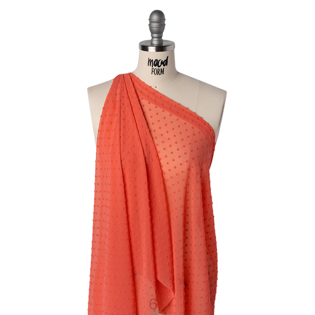 Polyester Swiss Dot Chiffon - Coral Orange Polka Dots - Designer Deadstock Polyester Swiss Dot Chiffon - Coral Orange Polka Dots - Designer Deadstock