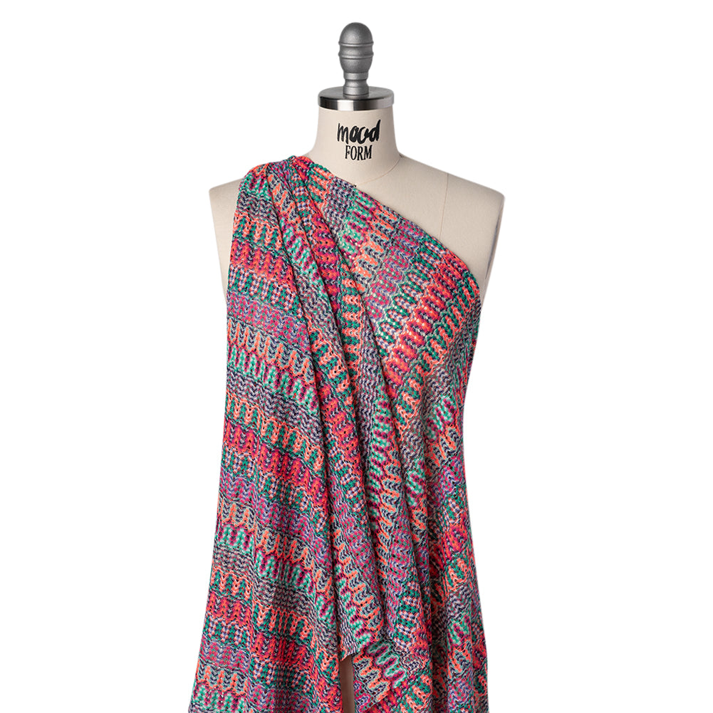 Lacy Sweater Knit with Metallic Accents - Magenta, Neon Orange and Teal Wave Stripes - Designer Deadstock - Folded Lacy Sweater Knit with Metallic Accents - Magenta, Neon Orange and Teal Wave Stripes - Designer Deadstock - Folded