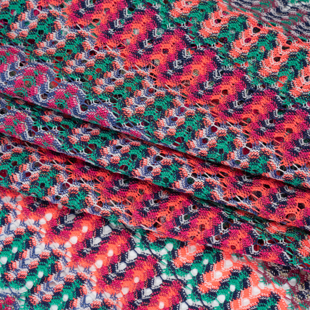 Lacy Sweater Knit with Metallic Accents - Magenta, Neon Orange and Teal Wave Stripes - Designer Deadstock - Detail Lacy Sweater Knit with Metallic Accents - Magenta, Neon Orange and Teal Wave Stripes - Designer Deadstock - Detail