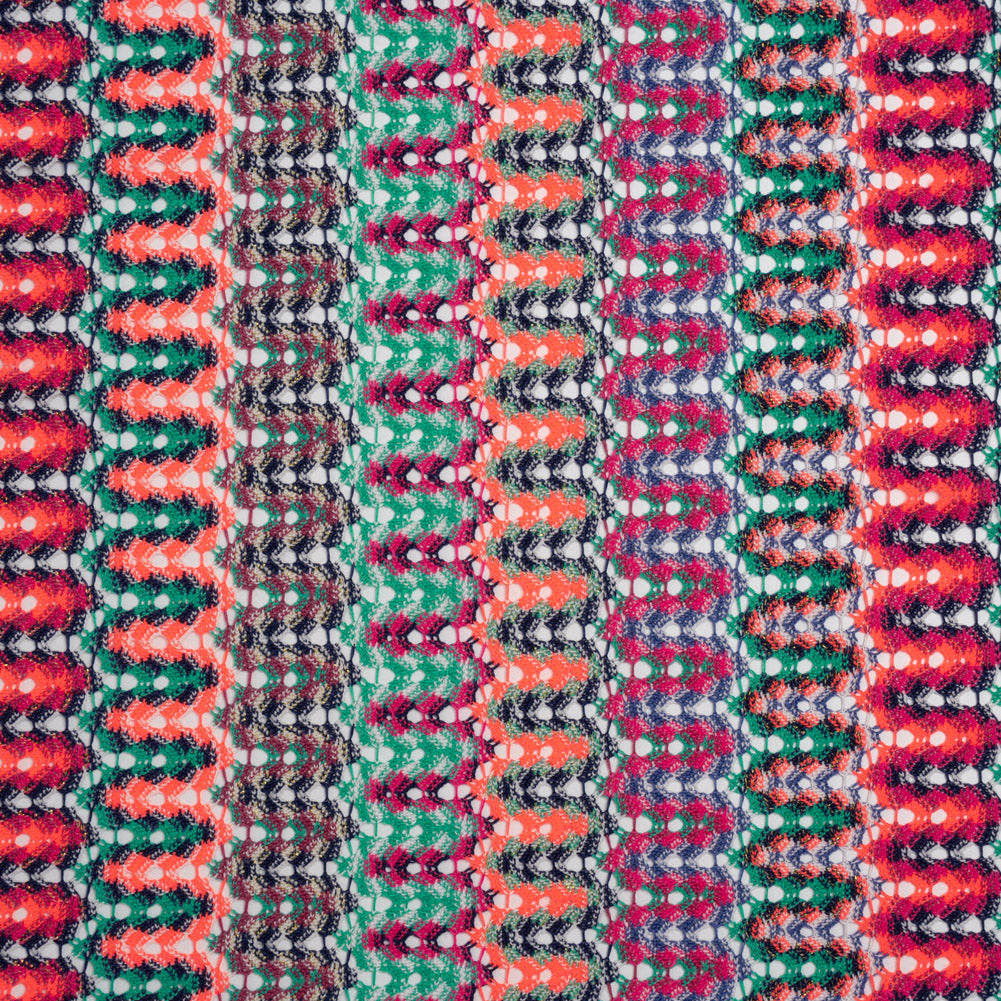 Lacy Sweater Knit with Metallic Accents - Magenta, Neon Orange and Teal Wave Stripes - Designer Deadstock - Drape Lacy Sweater Knit with Metallic Accents - Magenta, Neon Orange and Teal Wave Stripes - Designer Deadstock - Drape