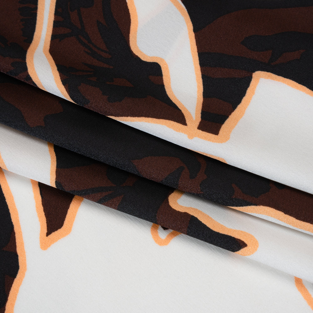 Polyester Charmeuse - Brown, Black and Creamsicle Orange Floral Silhouettes and Outlines - Designer Deadstock - Folded Polyester Charmeuse - Brown, Black and Creamsicle Orange Floral Silhouettes and Outlines - Designer Deadstock - Folded