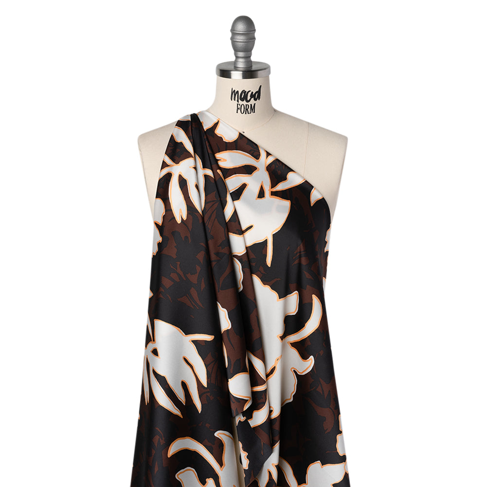 Polyester Charmeuse - Brown, Black and Creamsicle Orange Floral Silhouettes and Outlines - Designer Deadstock - Drape Polyester Charmeuse - Brown, Black and Creamsicle Orange Floral Silhouettes and Outlines - Designer Deadstock - Drape