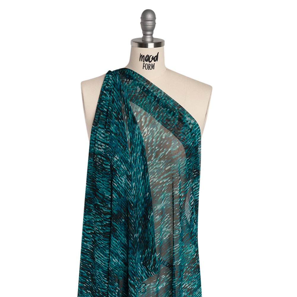 Polyester Stretch Mesh Print - Black and Teal Striations - Designer Deadstock Folded Polyester Stretch Mesh Print - Black and Teal Striations - Designer Deadstock Folded