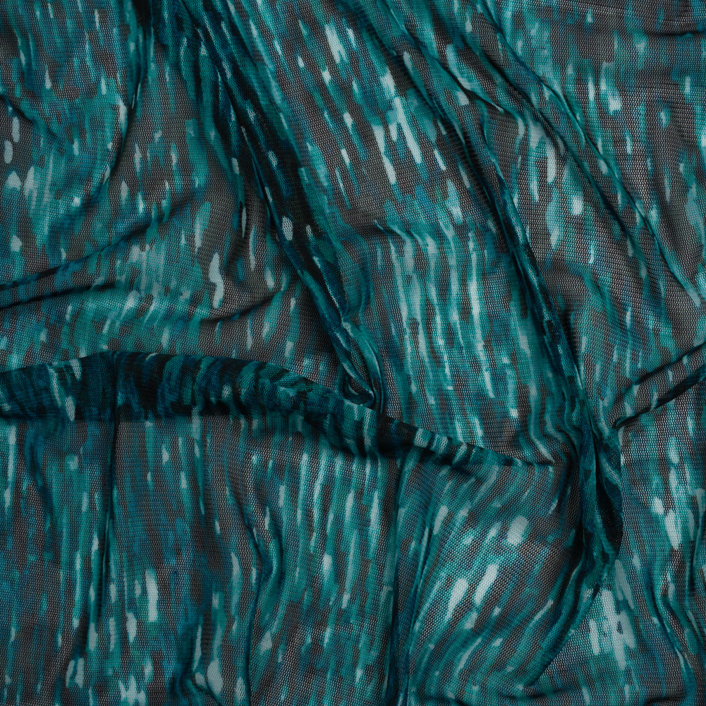 Polyester Stretch Mesh Print - Black and Teal Striations - Designer Deadstock Drape Polyester Stretch Mesh Print - Black and Teal Striations - Designer Deadstock Drape