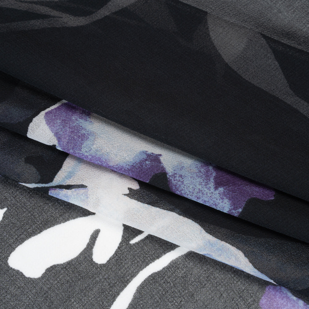 Polyester Chiffon Print - Black, White and Purple Watercolor Flowers - Designer Deadstock Polyester Chiffon Print - Black, White and Purple Watercolor Flowers - Designer Deadstock