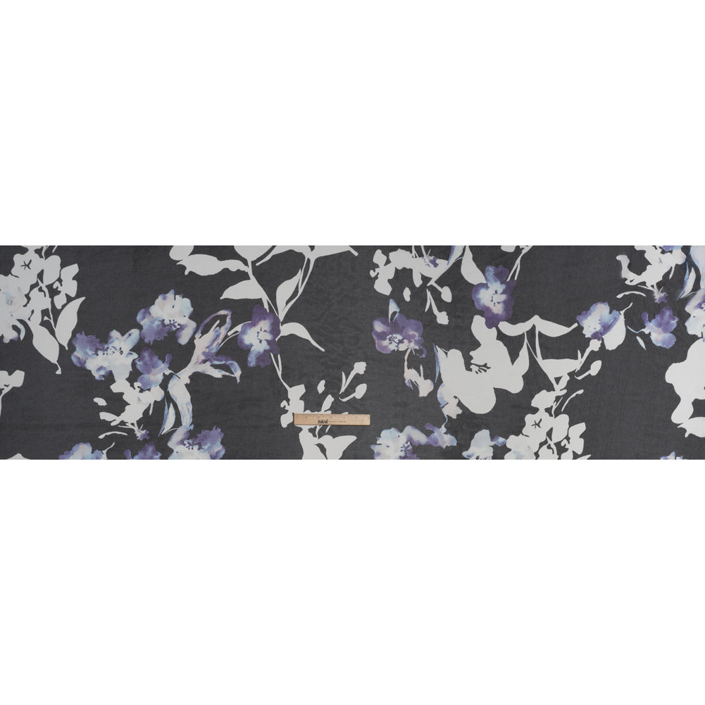 Polyester Chiffon Print - Black, White and Purple Watercolor Flowers - Designer Deadstock Polyester Chiffon Print - Black, White and Purple Watercolor Flowers - Designer Deadstock