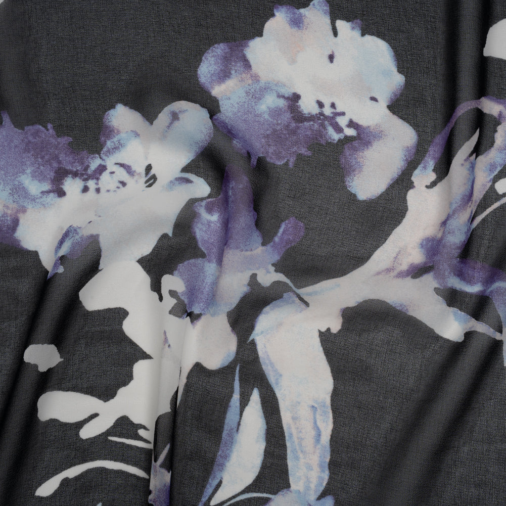 Polyester Chiffon Print - Black, White and Purple Watercolor Flowers - Designer Deadstock Polyester Chiffon Print - Black, White and Purple Watercolor Flowers - Designer Deadstock