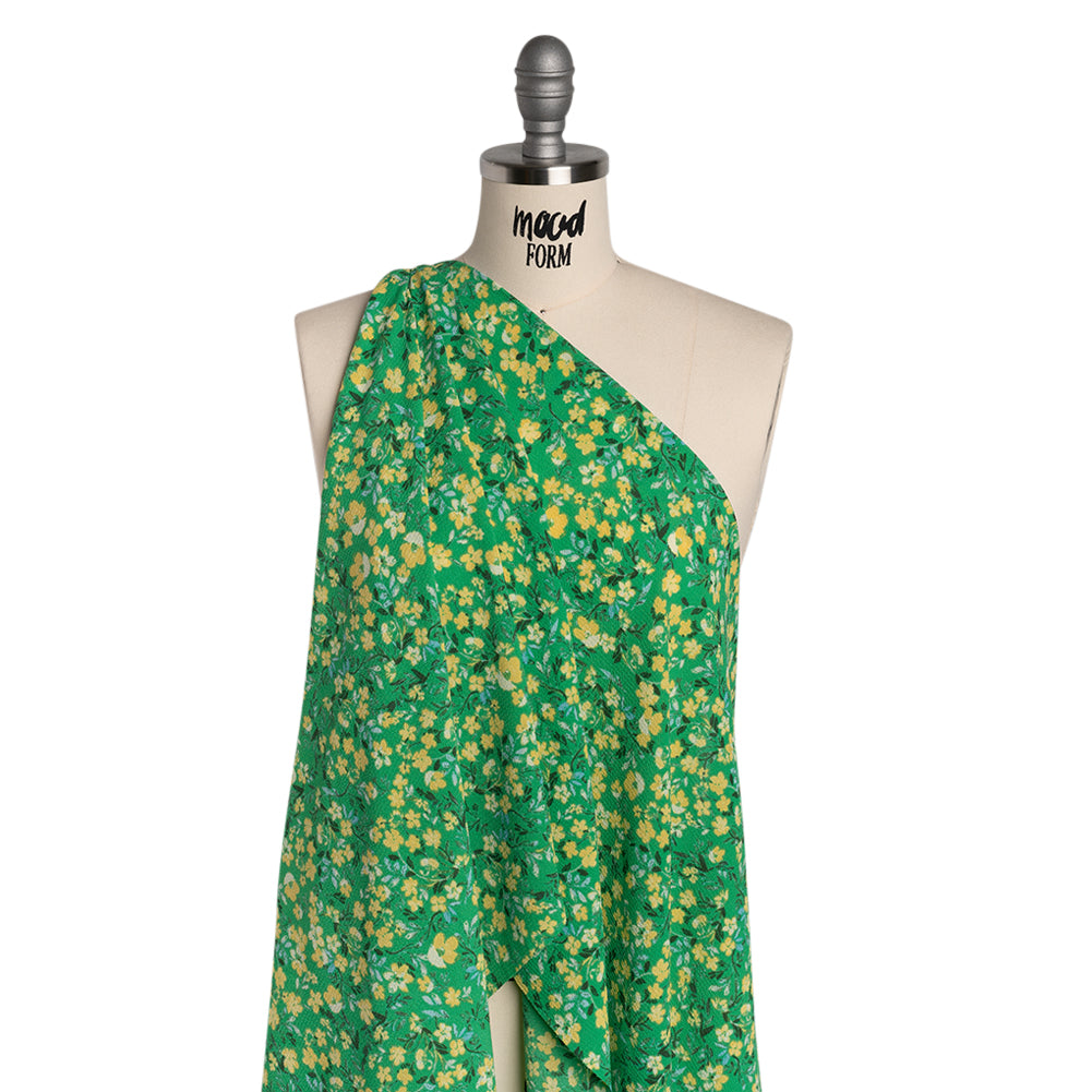 Puckered Polyester Crepe - Kelly Green and Yellow Floral - Designer Deadstock Puckered Polyester Crepe - Kelly Green and Yellow Floral - Designer Deadstock