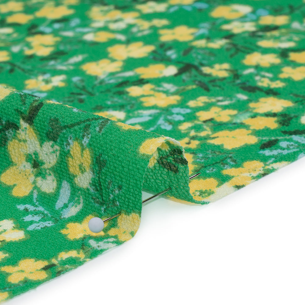 Puckered Polyester Crepe - Kelly Green and Yellow Floral - Designer Deadstock Puckered Polyester Crepe - Kelly Green and Yellow Floral - Designer Deadstock
