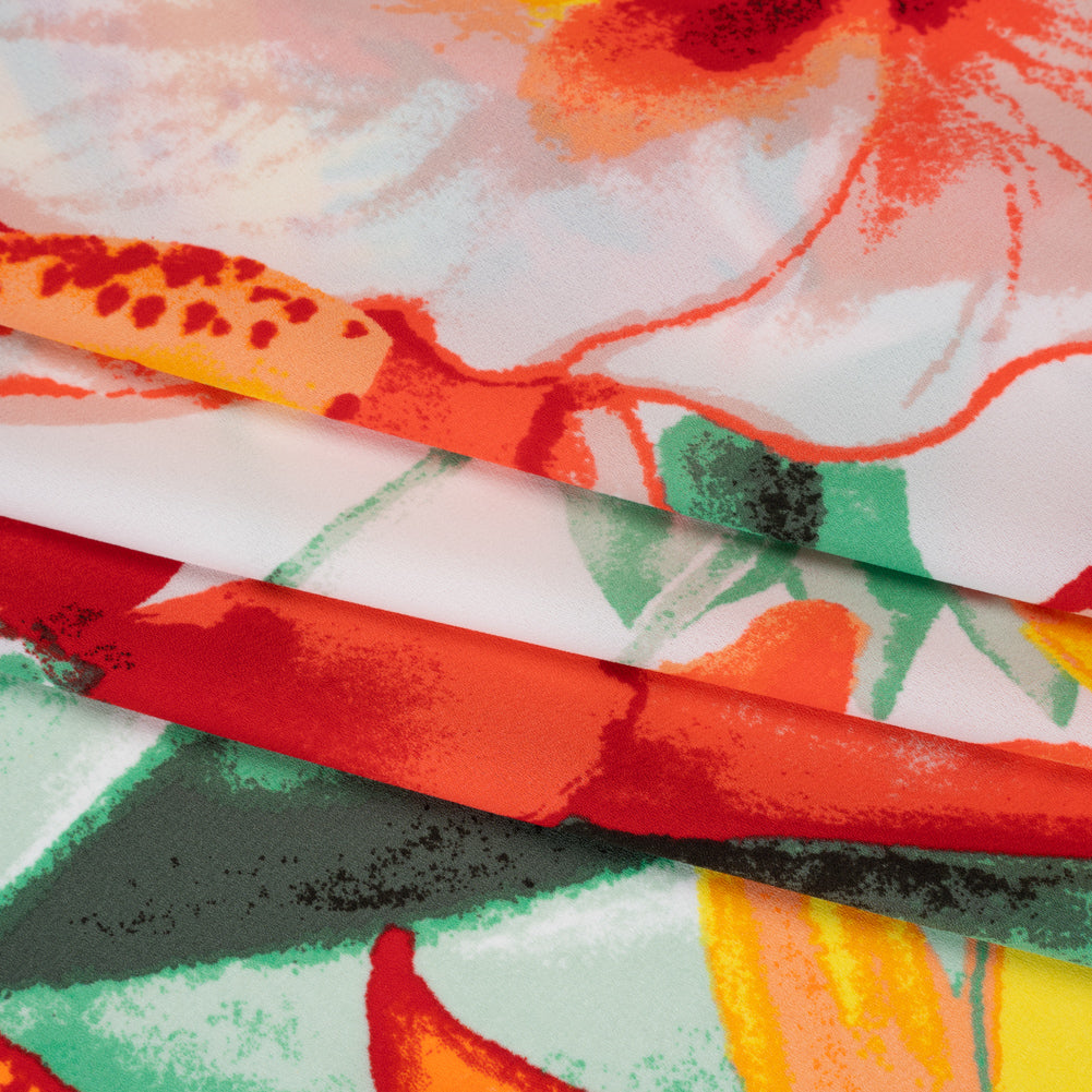 Lightweight Polyester Crepe Print - Bright Orange, Yellow and Green Brilliant Flowers and Orchids - Designer Deadstock - Detail Lightweight Polyester Crepe Print - Bright Orange, Yellow and Green Brilliant Flowers and Orchids - Designer Deadstock - Detail