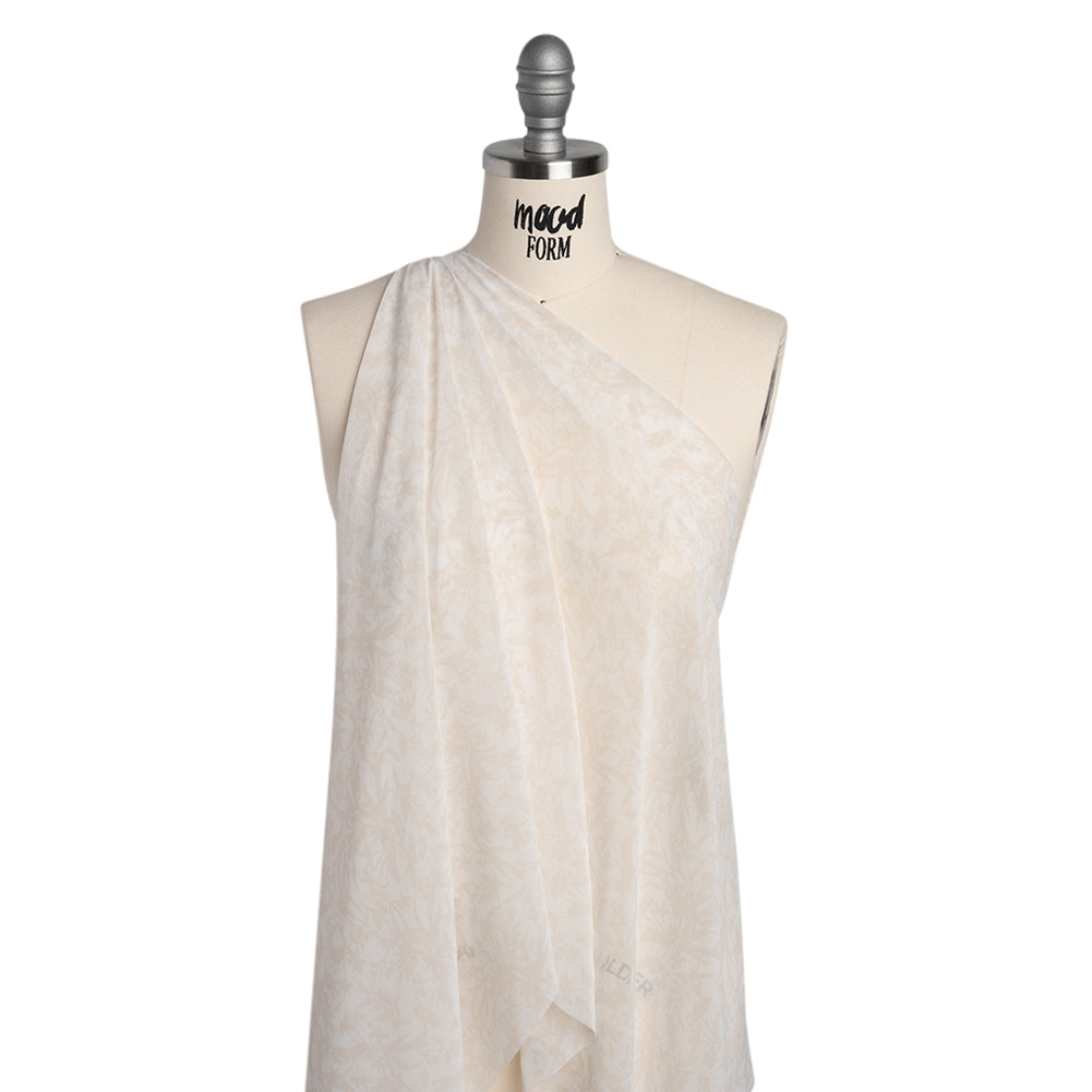 Polyester Chiffon Print - Light Beige and White Delicate Floral Silhouettes - Designer Deadstock - Drape Polyester Chiffon Print - Light Beige and White Delicate Floral Silhouettes - Designer Deadstock - Drape