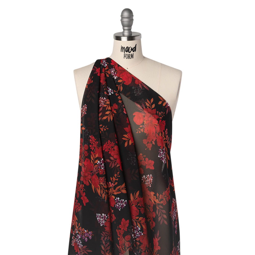 Polyester Chiffon Print - Red, Plum and Black Floral Bunches - Designer Deadstock Polyester Chiffon Print - Red, Plum and Black Floral Bunches - Designer Deadstock