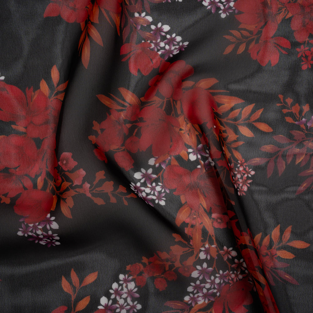 Polyester Chiffon Print - Red, Plum and Black Floral Bunches - Designer Deadstock Polyester Chiffon Print - Red, Plum and Black Floral Bunches - Designer Deadstock