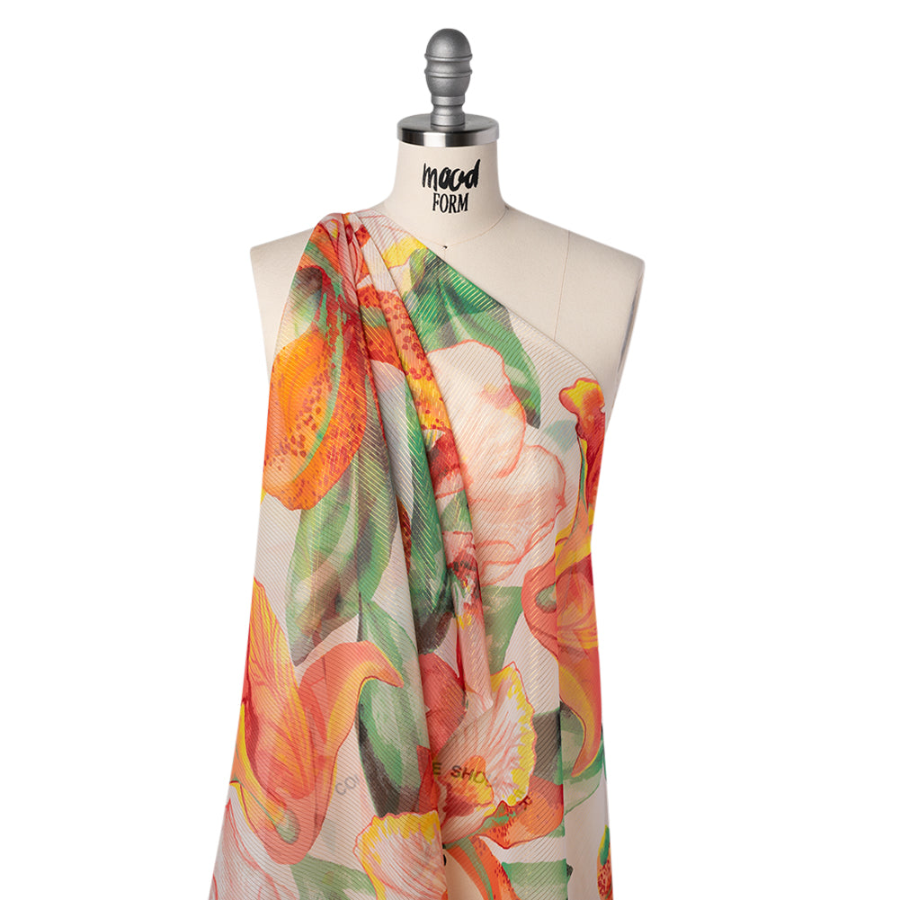 Polyester Chiffon with Metallic Gold Pinstripes - Bright Orange, Yellow and Green Brilliant Flowers and Orchids - Designer Deadstock Folded Polyester Chiffon with Metallic Gold Pinstripes - Bright Orange, Yellow and Green Brilliant Flowers and Orchids - Designer Deadstock Folded
