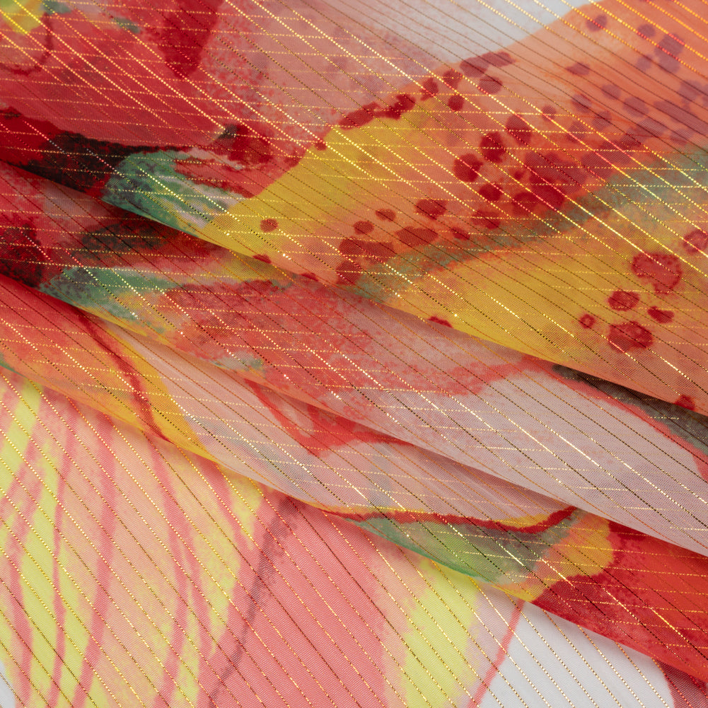 Polyester Chiffon with Metallic Gold Pinstripes - Bright Orange, Yellow and Green Brilliant Flowers and Orchids - Designer Deadstock Detail Polyester Chiffon with Metallic Gold Pinstripes - Bright Orange, Yellow and Green Brilliant Flowers and Orchids - Designer Deadstock Detail