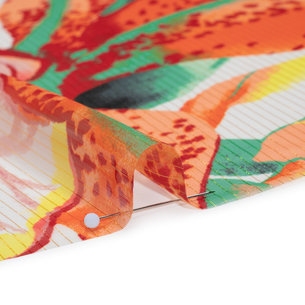 Polyester Chiffon with Metallic Gold Pinstripes - Bright Orange, Yellow and Green Brilliant Flowers and Orchids - Designer Deadstock Full Polyester Chiffon with Metallic Gold Pinstripes - Bright Orange, Yellow and Green Brilliant Flowers and Orchids - Designer Deadstock Full