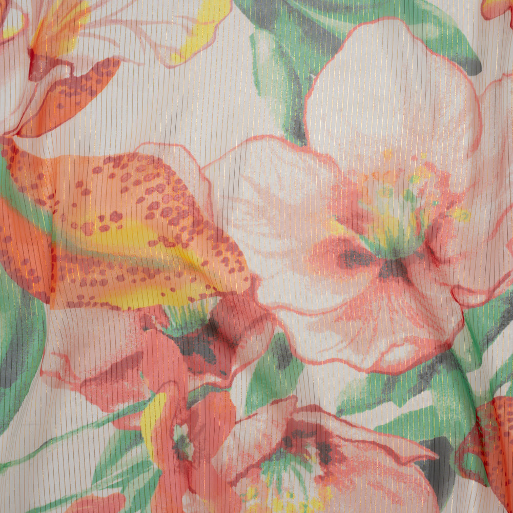 Polyester Chiffon with Metallic Gold Pinstripes - Bright Orange, Yellow and Green Brilliant Flowers and Orchids - Designer Deadstock Drape Polyester Chiffon with Metallic Gold Pinstripes - Bright Orange, Yellow and Green Brilliant Flowers and Orchids - Designer Deadstock Drape