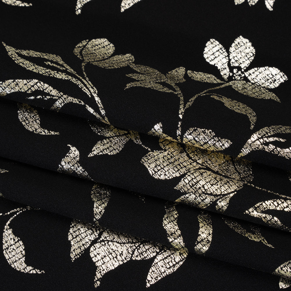 Stretch Polyester Crepe Scuba Knit with Foiled Print - Gold and Black Floral - Designer Deadstock Stretch Polyester Crepe Scuba Knit with Foiled Print - Gold and Black Floral - Designer Deadstock