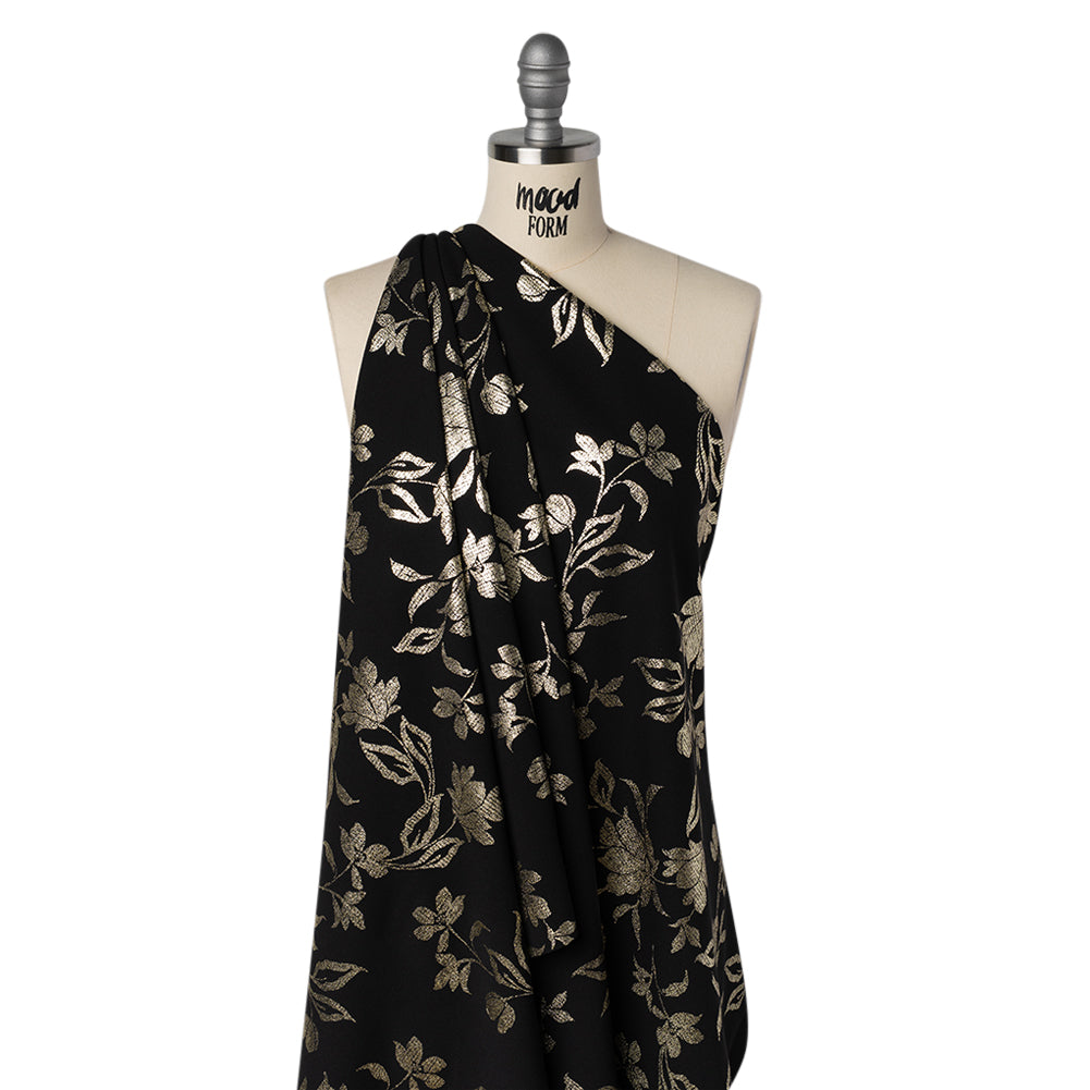 Stretch Polyester Crepe Scuba Knit with Foiled Print - Gold and Black Floral - Designer Deadstock Stretch Polyester Crepe Scuba Knit with Foiled Print - Gold and Black Floral - Designer Deadstock