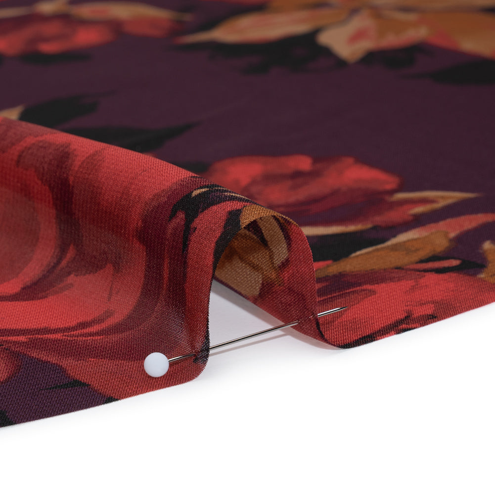 Polyester Chiffon Print - Plum, Red and Tan Floral - Designer Deadstock Detail Polyester Chiffon Print - Plum, Red and Tan Floral - Designer Deadstock Detail